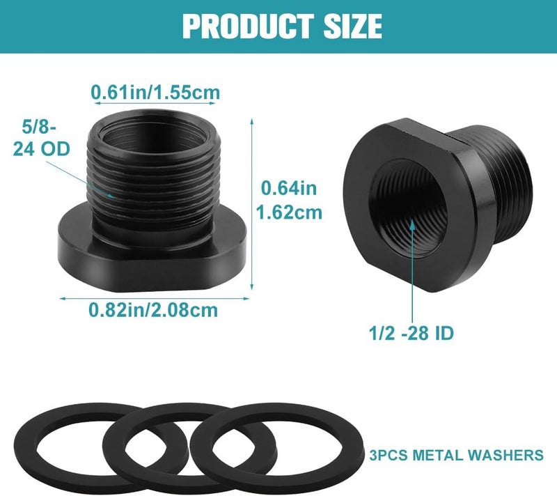 Ranjaner 3Pcs Thread Adapters with Metal Washers, 1/2x28 to 5/8x24 Thread Adapter Aluminium Alloy, Oil Filter Adapter 1/2-28 Thread Protector Black Oxide Finish - Image 2